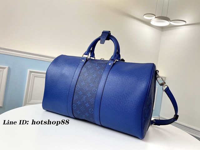 路易威登LV旅行包 M30235藍色 KEEPALL 45旅行袋 LV十字紋皮配花料旅行袋 LV男士手提旅行包 xxlv2402